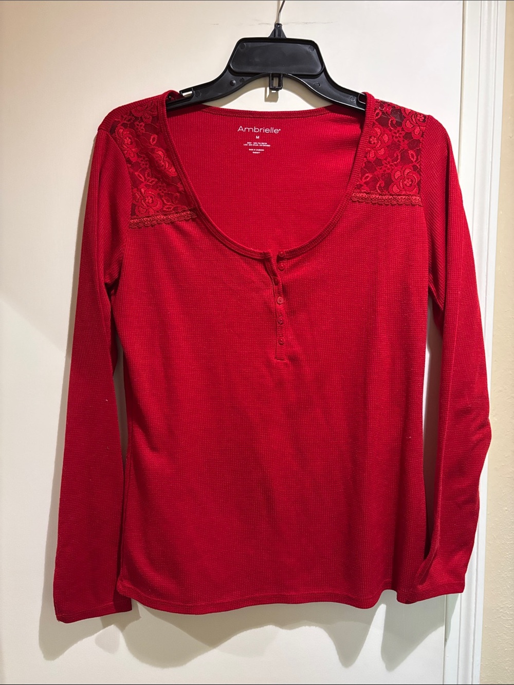 Ambrielle Bright Red Lace-Shoulder Long Sleeve Henley